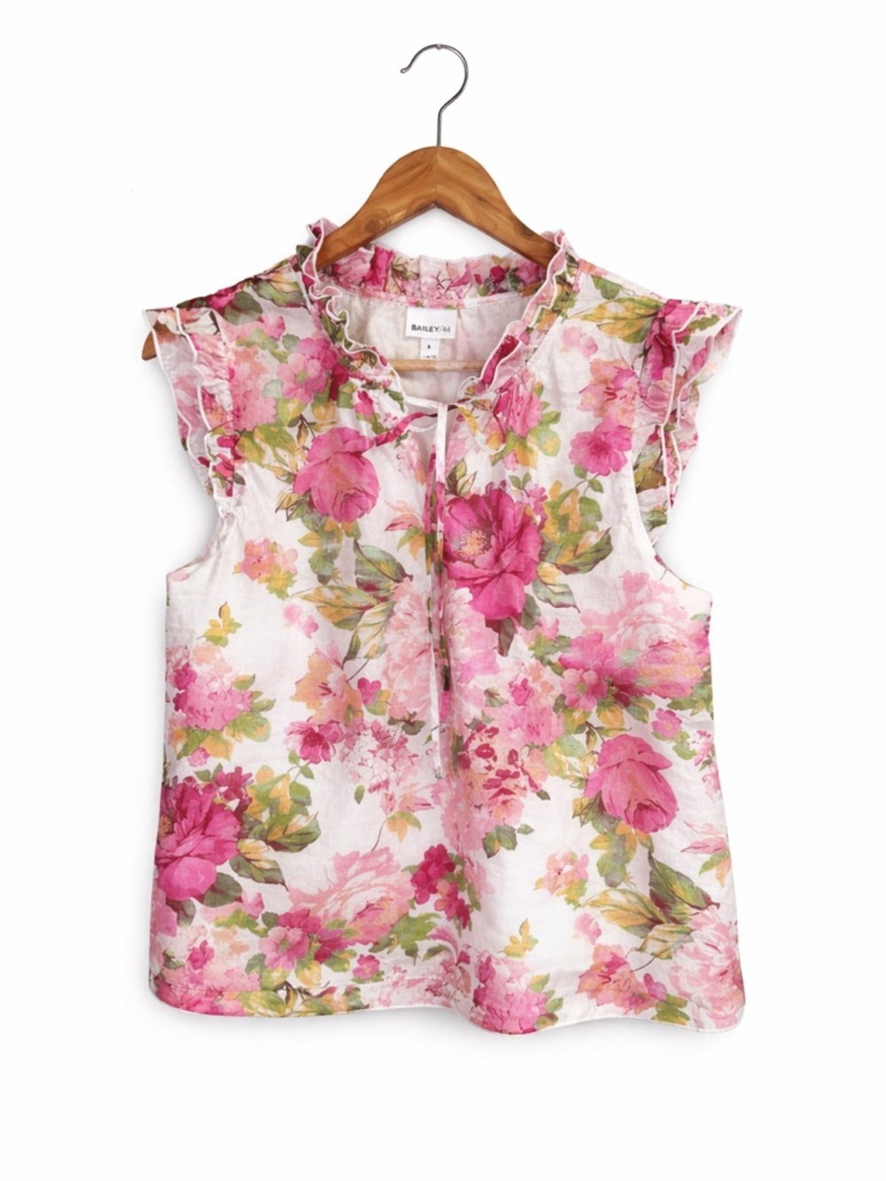 Bailey 44 Preppy Romantic Pink Floral Ruffle Tie Neck Sleeveless Blouse Large